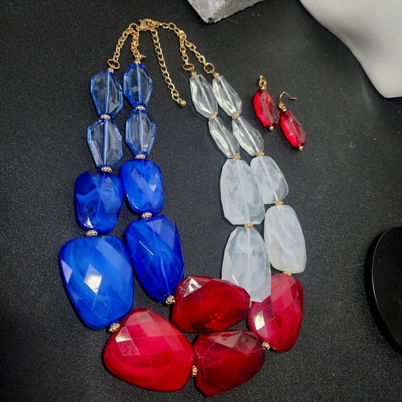 Red White and Blue Double Strand Acrylic Necklace and Earrings Set - Picture 3 of 7